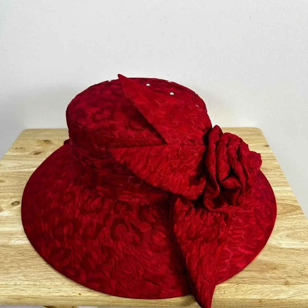Vintage Red Church Hat Wide Brim Floral Rose Rhinestone Dress Derby Hat